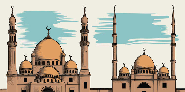 Traditional mosque architecture featuring multiple domes and minarets for religious celebration