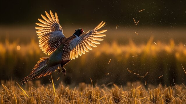 Animal - Ring-Necked Pheasant Male Taking Flight Over Golden Harvested Grain Field at Warm Sunset