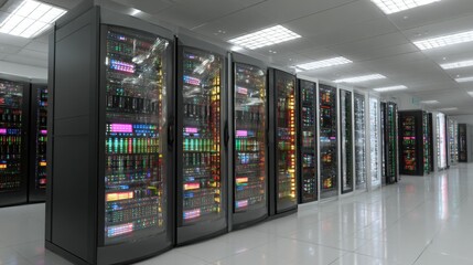 Obraz premium Modern server racks filled with blinking equipment in a climate-controlled data center room