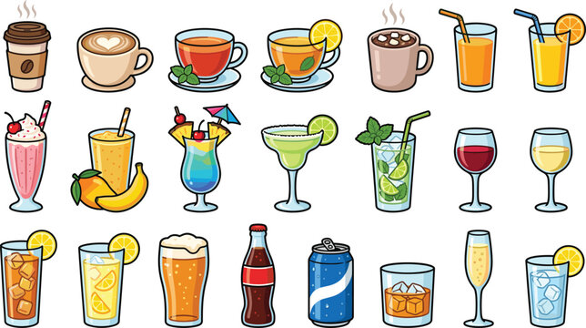 Hand drawn drinks collection set with coffee tea cocktails juice soda beer wine and refreshing beverages vector illustration isolated on white