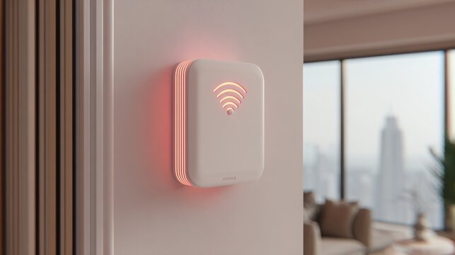 Sleek modern white wireless access point device with glowing red lights attached to a wall, symbolizing connectivity and home networking