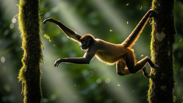 Animal - Spider Monkey Leaping Between Moss Covered Tree Trunks in Tropical Rainforest Sunlight