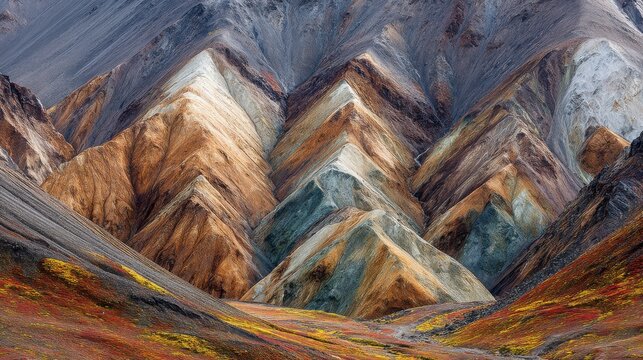 Striking geological formations showcase colorful eroded mountain slopes with intricate patterns of sediment and clay.