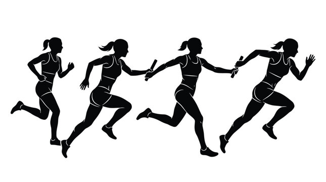 Set of female relay runners passing the baton, silhouette of women athletes running and handing over the relay stick, vector illustration