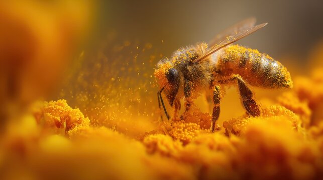 Tiny bee covered in bright yellow pollen actively collecting nectar from a vibrant sunflower.
