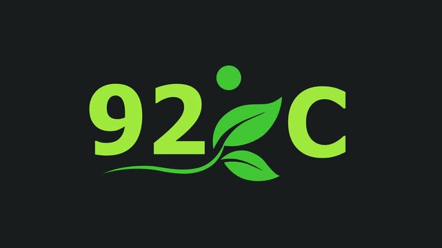 92 Degree Celsius Green Energy Concept Animation with Growing Leaves, Ecology and Temperature Measurement Icon on Dark Background