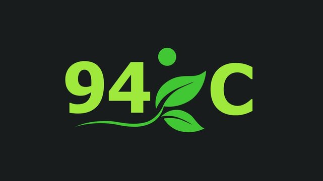 94 Degree Celsius Green Energy Concept Animation with Growing Leaves, Ecology and Temperature Measurement Icon on Dark Background