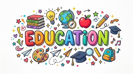Fototapeta premium Colorful education word art surrounded by hand drawn school supplies like books pencils globes and graduation caps on white background