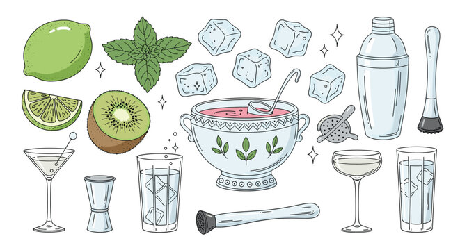 Fresh cocktail ingredients and bar tools for refreshing drink recipes and mixology promotions