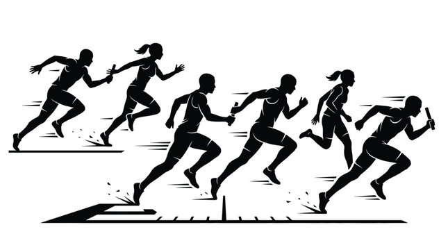 Relay race runners silhouette set group of athletes passing the baton in a relay race vector illustration