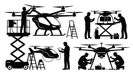 Set of silhouettes of technicians repairing and maintaining drones and air taxis © PixelAura_Studio