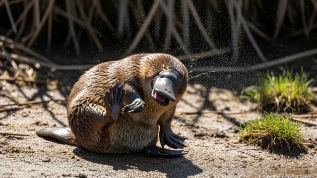 Animal - Wet Platypus Shaking Water Off on Sandy Shore With Open Mouth and Raised Webbed Foot