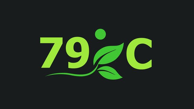 79 Degree Celsius Green Energy Concept Animation with Growing Leaves, Ecology and Temperature Measurement Icon on Dark Background