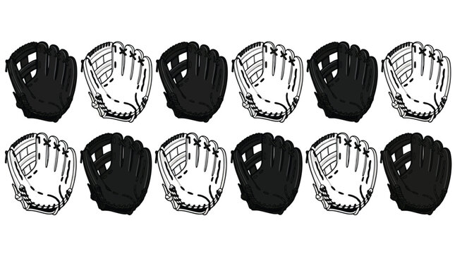 Set of baseball gloves, vector illustration of sports equipment, collection of leather mitts for baseball game, black and white line art style