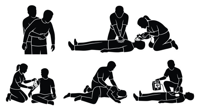 Set of first aid icons, including cpr, heimlich maneuver, wound dressing, recovery position, and aed usage