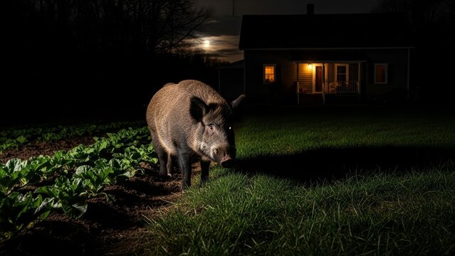 Animal - Wild Boar Raiding Backyard Vegetable Garden at Night Near Rural Farmhouse Under Moonlight