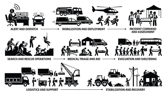 Emergency response and disaster management process flow icons showing alert, mobilization, command, search and rescue, medical triage, evacuation, logistics, and recovery phases