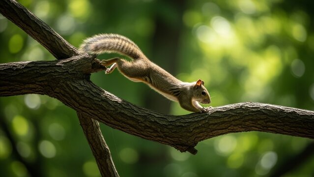 Animal - Wild Squirrel Leaping Across Tree Branches in Lush Green Forest with Bokeh Background