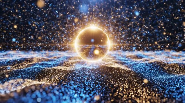 A glowing golden sphere sits atop a wavy landscape of blue and gold digital particles with a background of shimmering lights and bokeh in a dark cinematic environment.