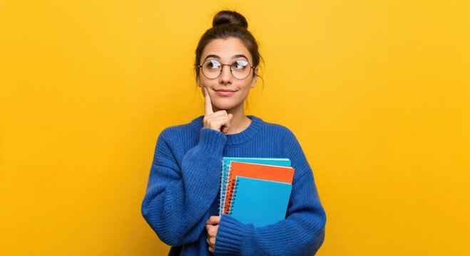 Thoughtful young female student holding notebooks against a yellow background