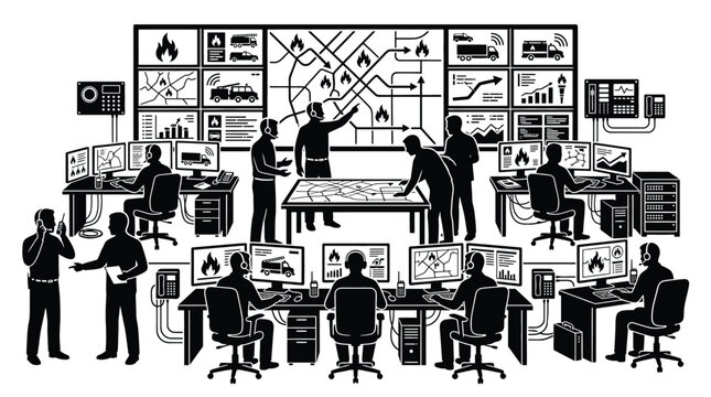 Emergency dispatch center with operators monitoring fire incidents on large screens and digital maps, vector illustration