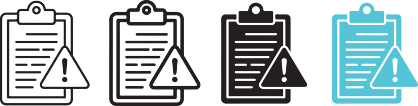Clipboard icons with warning sign and exclamation mark