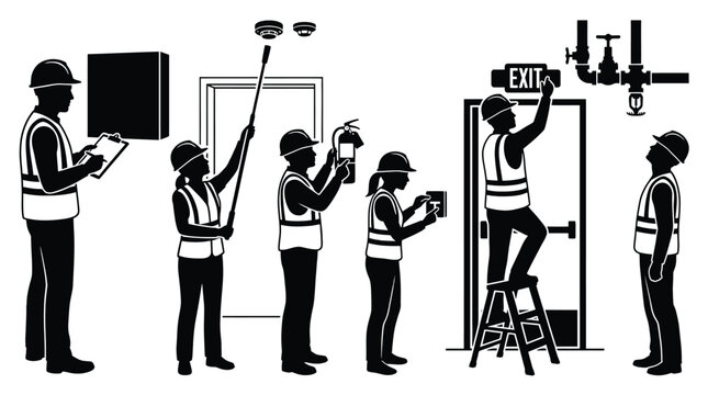 Fire safety inspectors team checking fire alarm system, fire extinguisher, exit sign and sprinkler system in building