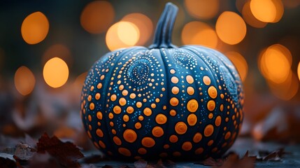 Fototapeta premium A beautifully painted pumpkin with intricate orange dot patterns on a dark blue surface sits among fallen leaves under warm bokeh lights creating a festive autumnal atmosphere perfect for seasonal.