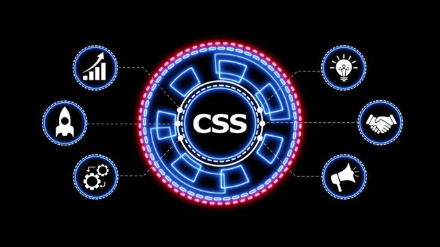 Cascading style sheets hud digital interface loop. Abstract neon hud circle featuring css text and business icons. Dynamic motion graphics footage with glowing elements.