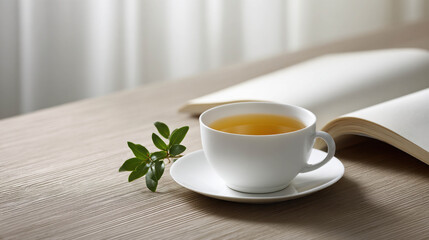 A serene moment of tea time with a book, creating a cozy and relaxing atmosphere