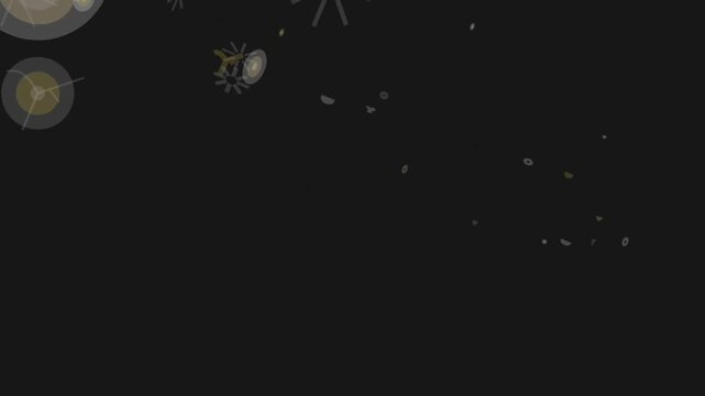 Dust motes and faint celestial bodies drift in a deep, dark void, illuminated by soft, warm golden light, suggesting a cosmic or ethereal scene.