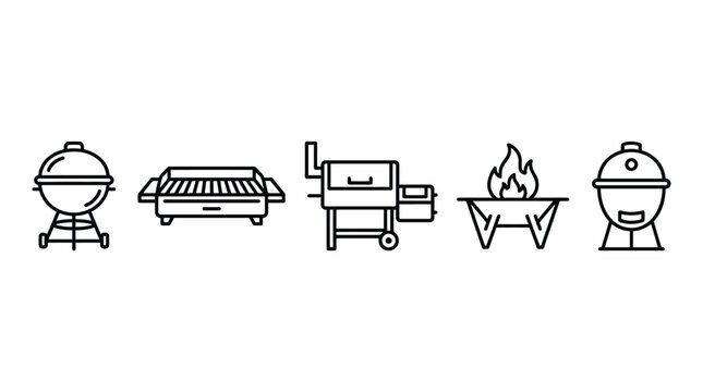 Set of barbecue grill icons, including kettle grill, flat top griddle, offset smoker, fire pit, and kamado grill, linear style vector illustration
