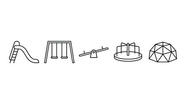 Set of playground equipment icons, including slide, swing set, seesaw, merrygoround, and climbing dome, vector illustration