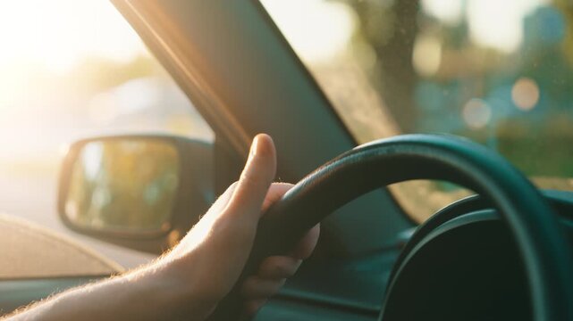 Driver Hand on Steering Wheel Tapping with Thumb Close-Up | Stress Frustration and Impatience in Traffic Jam | Summer Sunset Golden Light Inside Car