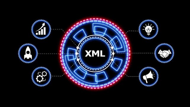 Xml programming concept business data flow graphic. Animated graphic representing xml programming language surrounded by business icons on dark background digital interface motion.