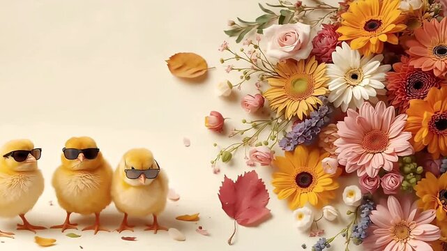 左配置のひよことサングラスが主役の秋の花背景 広告に使いやすい横動画