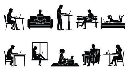 Fototapeta premium Set of people working on laptops in different positions and locations, silhouette icons vector illustration of remote work, freelance, study, and digital nomad lifestyle