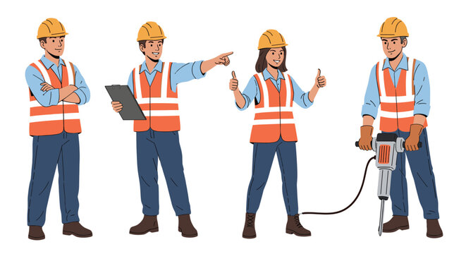 Group of construction workers wearing safety vests and hard hats performing various tasks