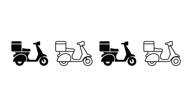 Delivery scooter icon set moped motorbike icons for shipping, logistics, and food delivery service vector illustration of courier transport symbols in solid and outline styles for web and apps
