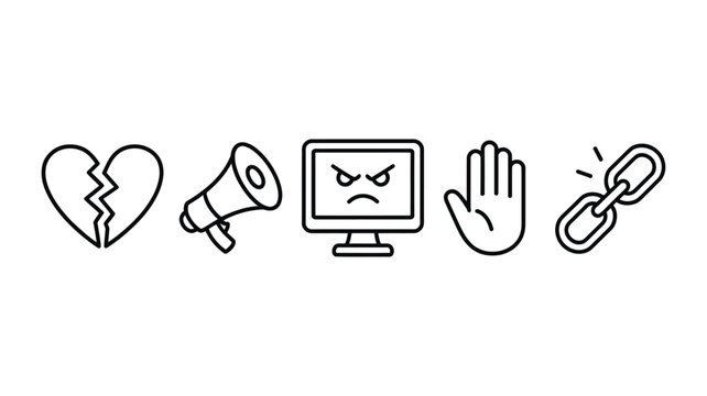 set of hand drawn blue icons representing cyberbullying and digital toxicity including broken heart megaphone angry computer stop hand and broken chain awareness concept vector illustration desing