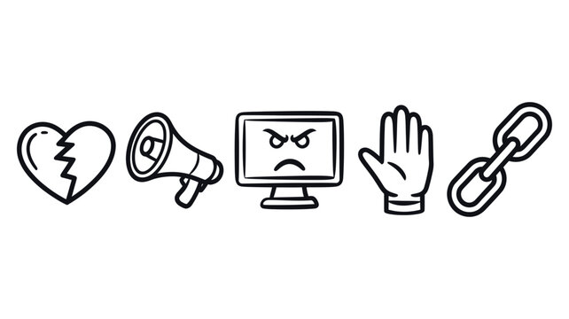 set of hand drawn blue icons representing cyberbullying and digital toxicity including broken heart megaphone angry computer stop hand and broken chain awareness concept vector illustration desing