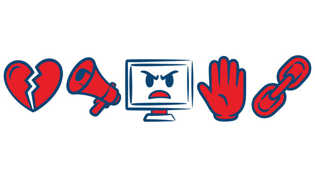 set of hand drawn blue icons representing cyberbullying and digital toxicity including broken heart megaphone angry computer stop hand and broken chain awareness concept vector illustration desing