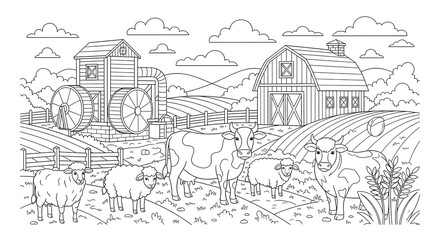 Obraz premium Farm Scene Coloring Page with Barn Tractor Cows and Sheep.