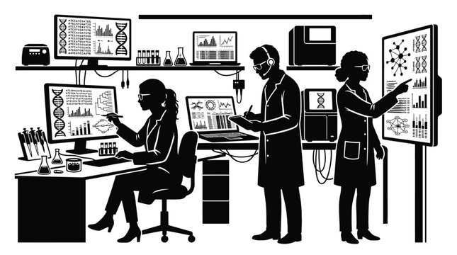 Silhouette of scientists working in a modern laboratory, analyzing dna sequences and genetic data on computer screens and digital boards