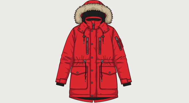 Red winter parka jacket with furlined hood and functional pockets for cold weather fashion