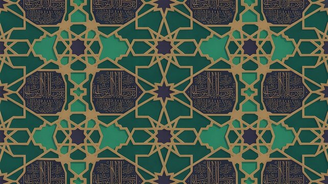 seamless pattern with flowers, Islamic seamless pattern, gold green geometric  pattern, decorative islamic  pattern,