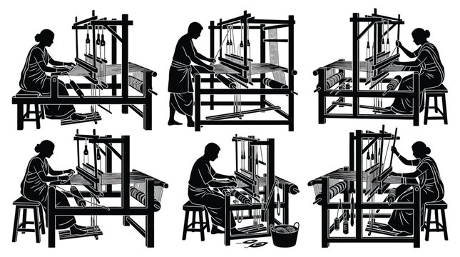 Set of silhouettes of traditional indian weavers working on handlooms, showcasing the craftsmanship and cultural heritage of textile weaving in india