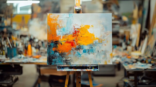 A vibrant abstract painting with bold orange blue and white strokes displayed on an easel in a cluttered art studio filled with brushes palettes and canvases under warm lighting - artist.