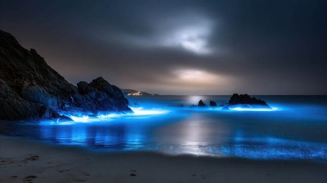 An enchanting night scene of bioluminescent waves lapping the shore, creating a mesmerizing glow. The dark rocks contrast with the vibrant blue water under the moonlit sky