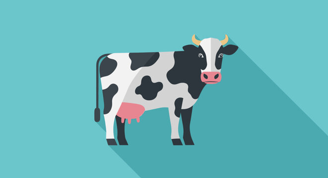 Black and white dairy cow animal with long shadow for farming and agriculture concepts